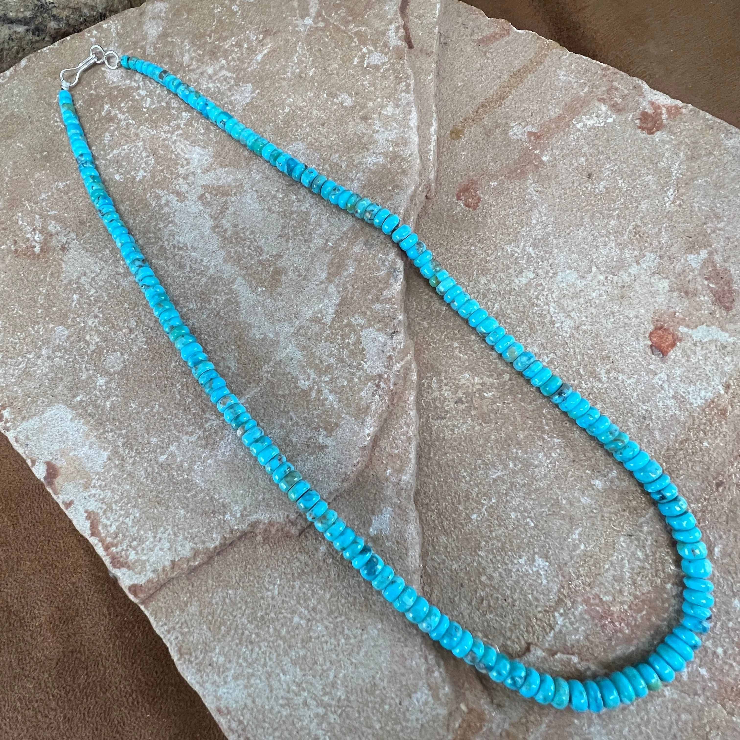 18" Kingman Turquoise Sterling Silver Beaded Necklace by Robert Tenorio
