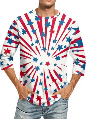 4th of July Shirt Men Comfortable & Casual Flag Graphic 3/4 Sleeve Shirts 2025