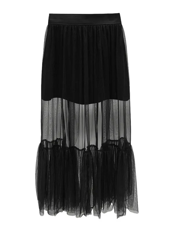 A-Line High Waisted Pleated See-Through Split-Joint Tulle Skirts Bottoms