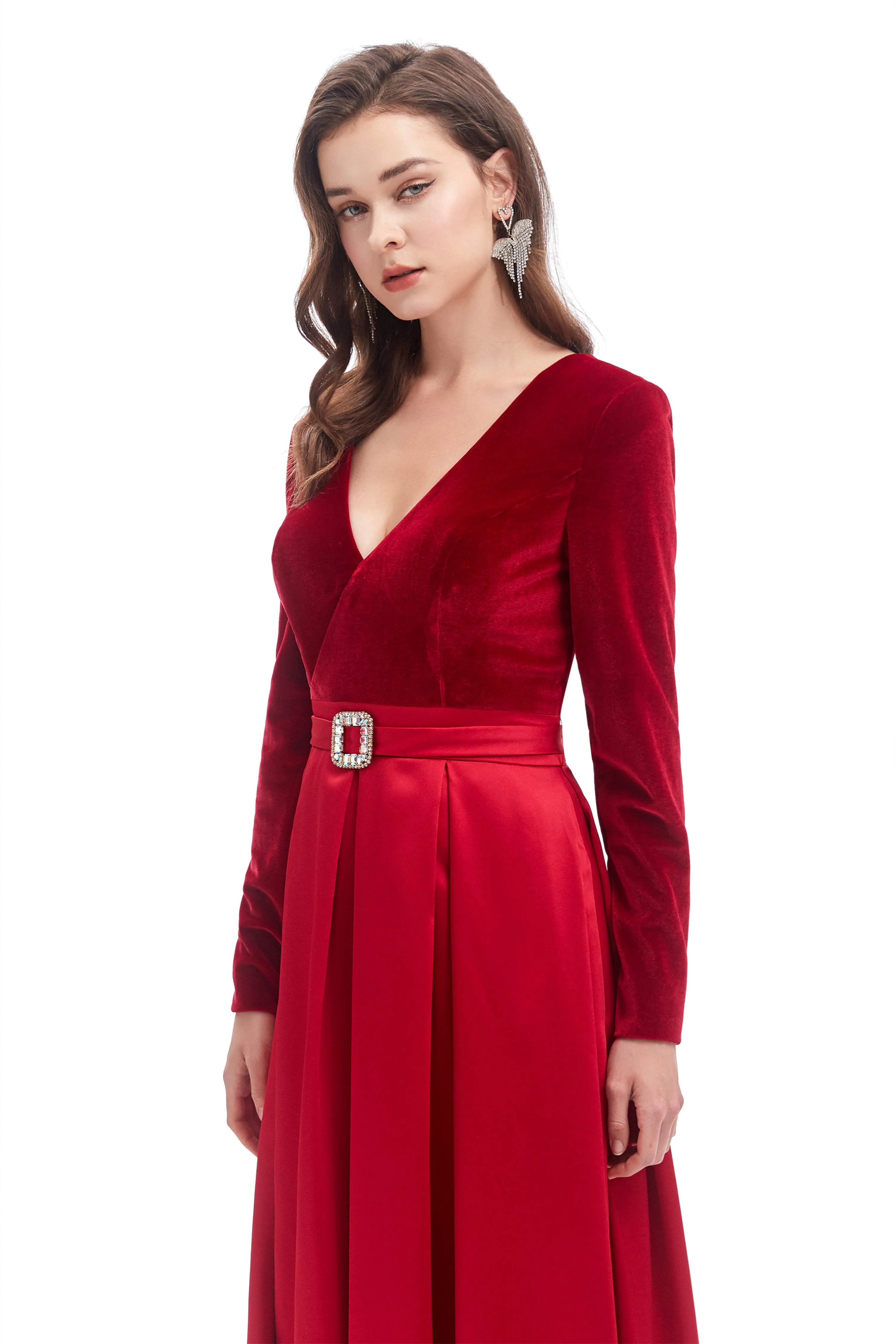A-line V Neck Velvet Long Prom Dresses