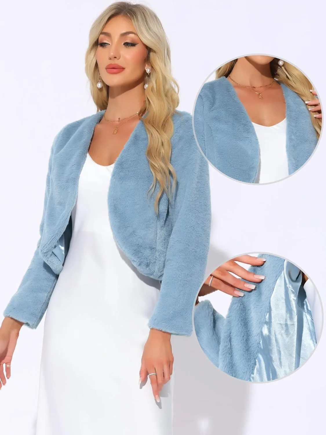 Allegra K Cropped Jacket for Women's Faux Fur with Pockets Long Sleeve Open Front Wedding Bolero Gowns Coat
