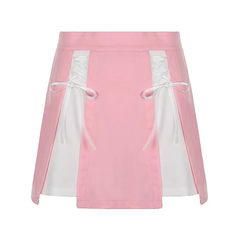 Amozae   Kawaii Patchwork Lace-up Mini Skirt Pink High Waist A Line Short Skirts Japanese Lolita Skirts Fairycore Cute Outfit