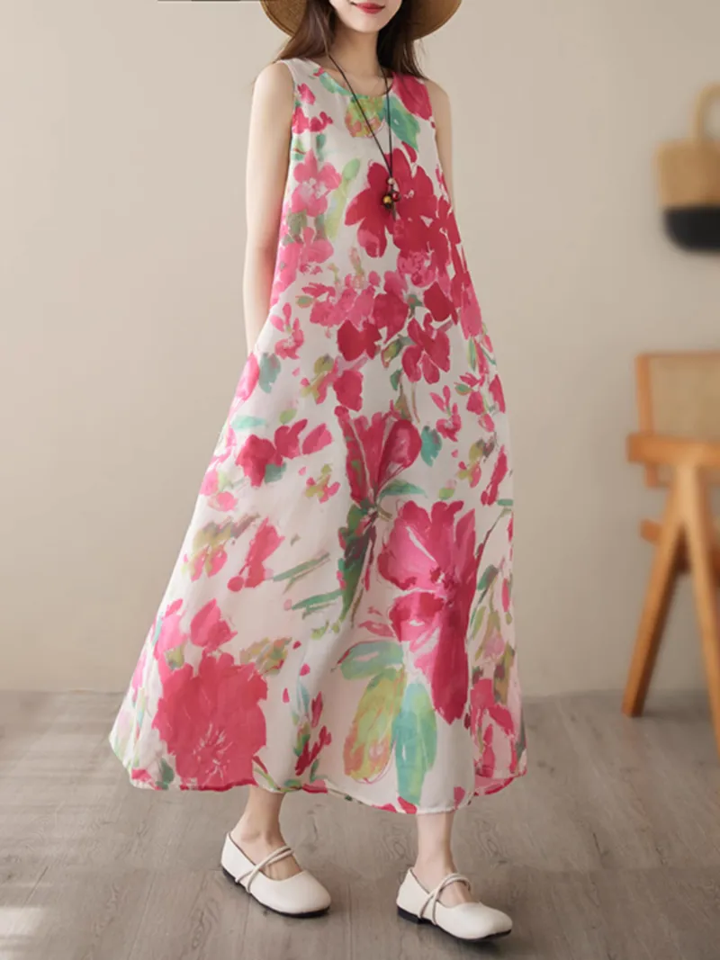 Artistry on Fabric Sleeveles Side Pocket Floral A-Line Dress