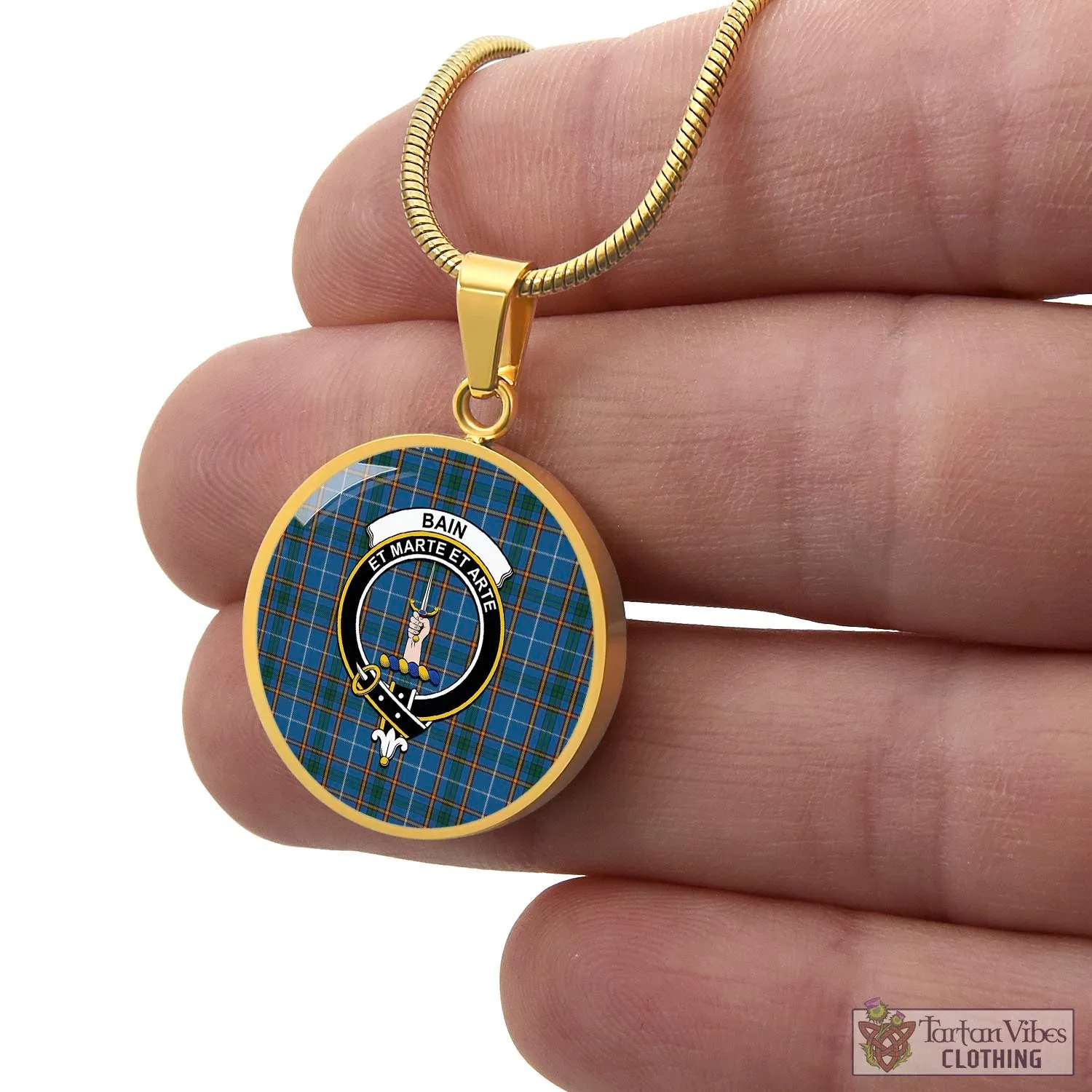 Bain Tartan Circle Necklace with Family Crest
