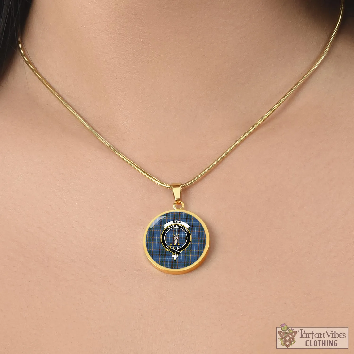 Bain Tartan Circle Necklace with Family Crest