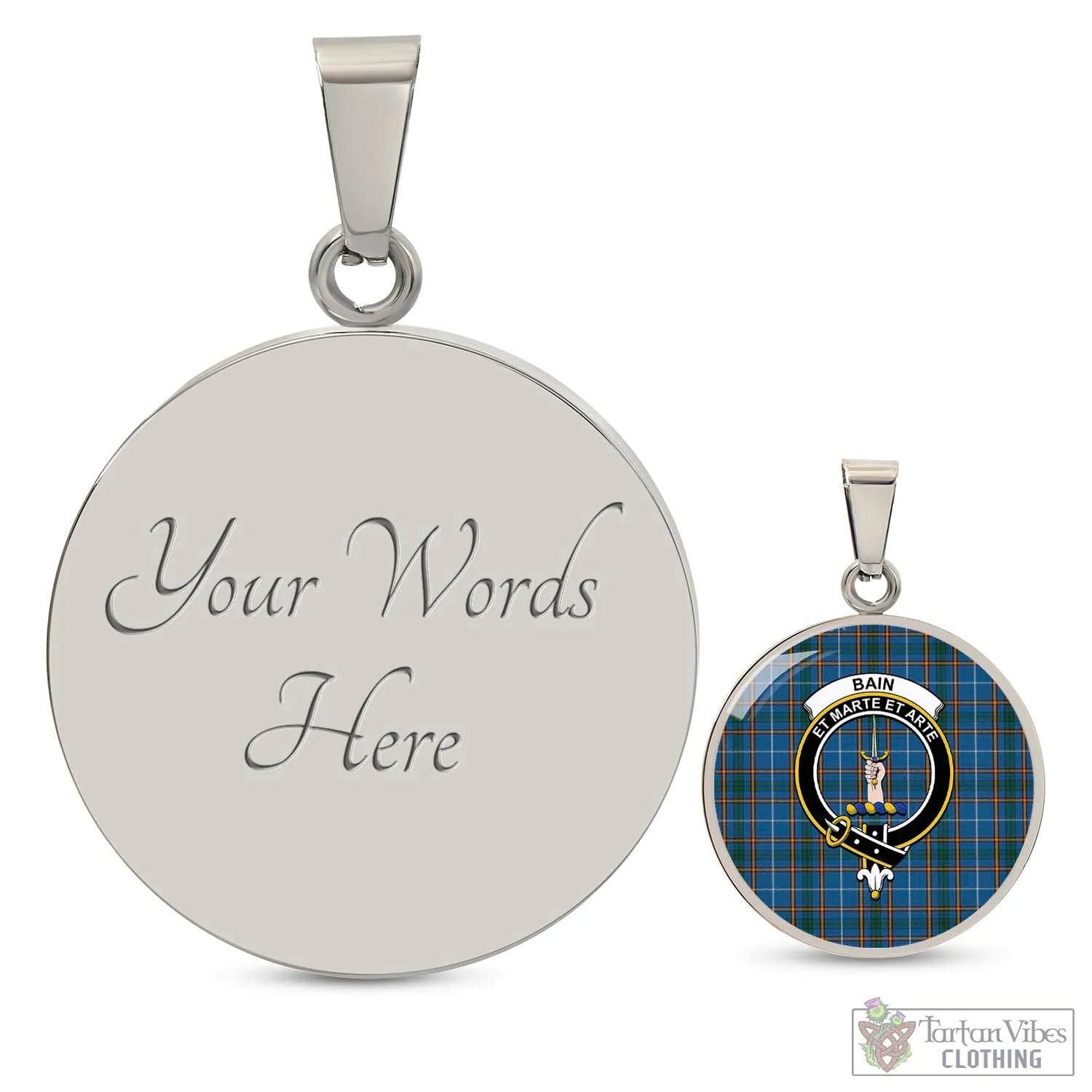 Bain Tartan Circle Necklace with Family Crest