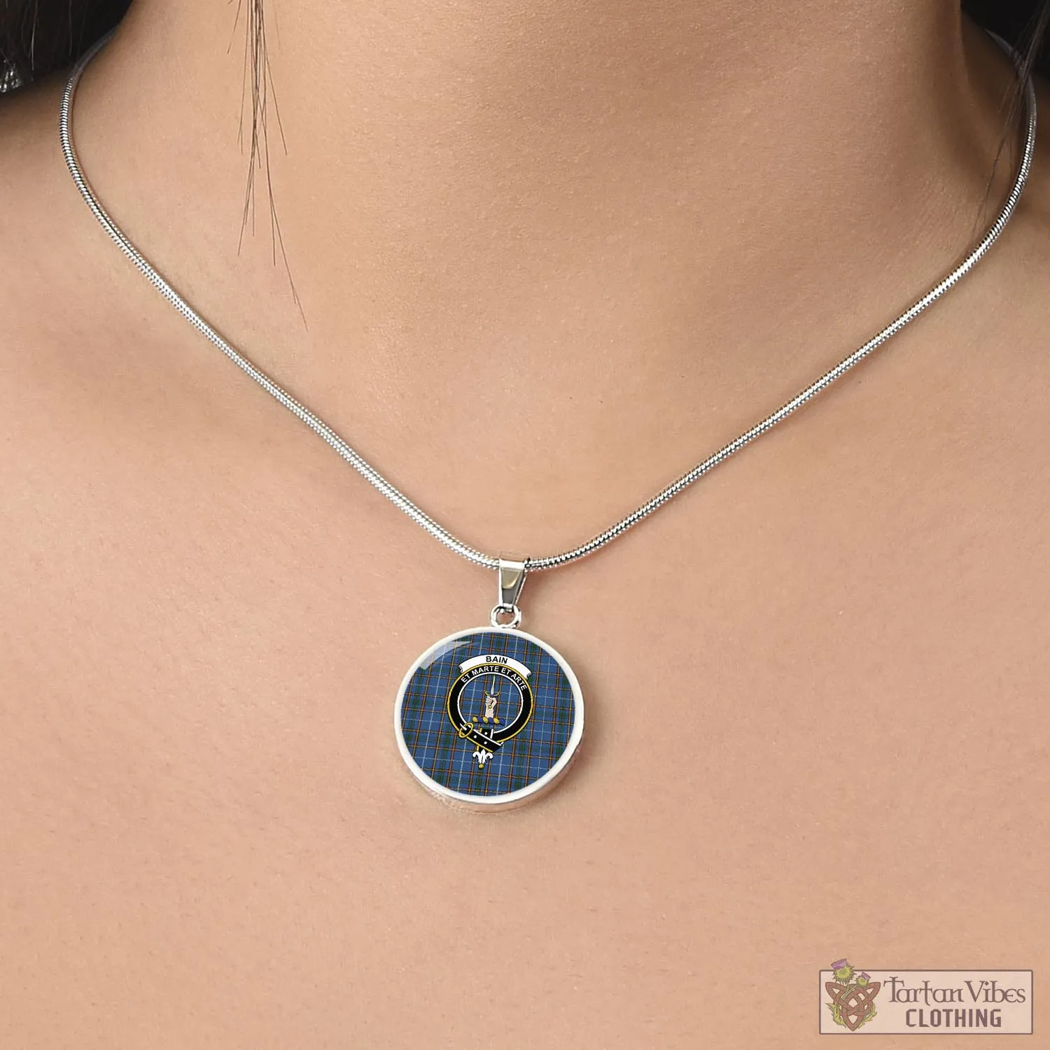 Bain Tartan Circle Necklace with Family Crest
