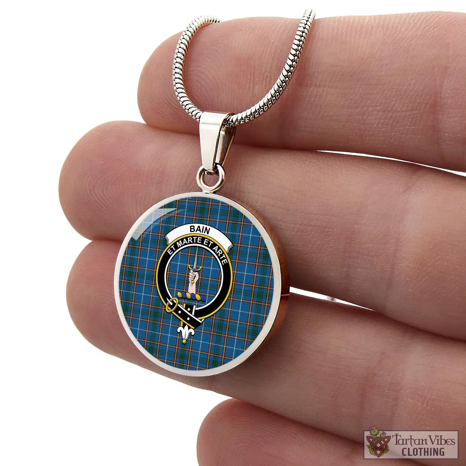 Bain Tartan Circle Necklace with Family Crest