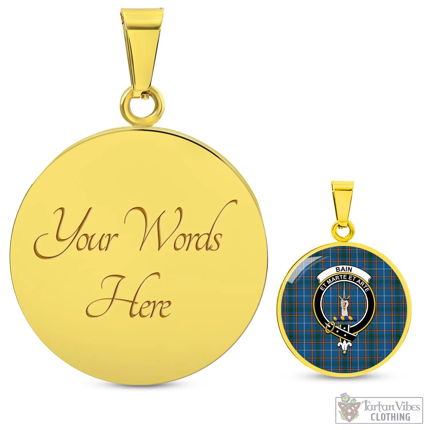 Bain Tartan Circle Necklace with Family Crest