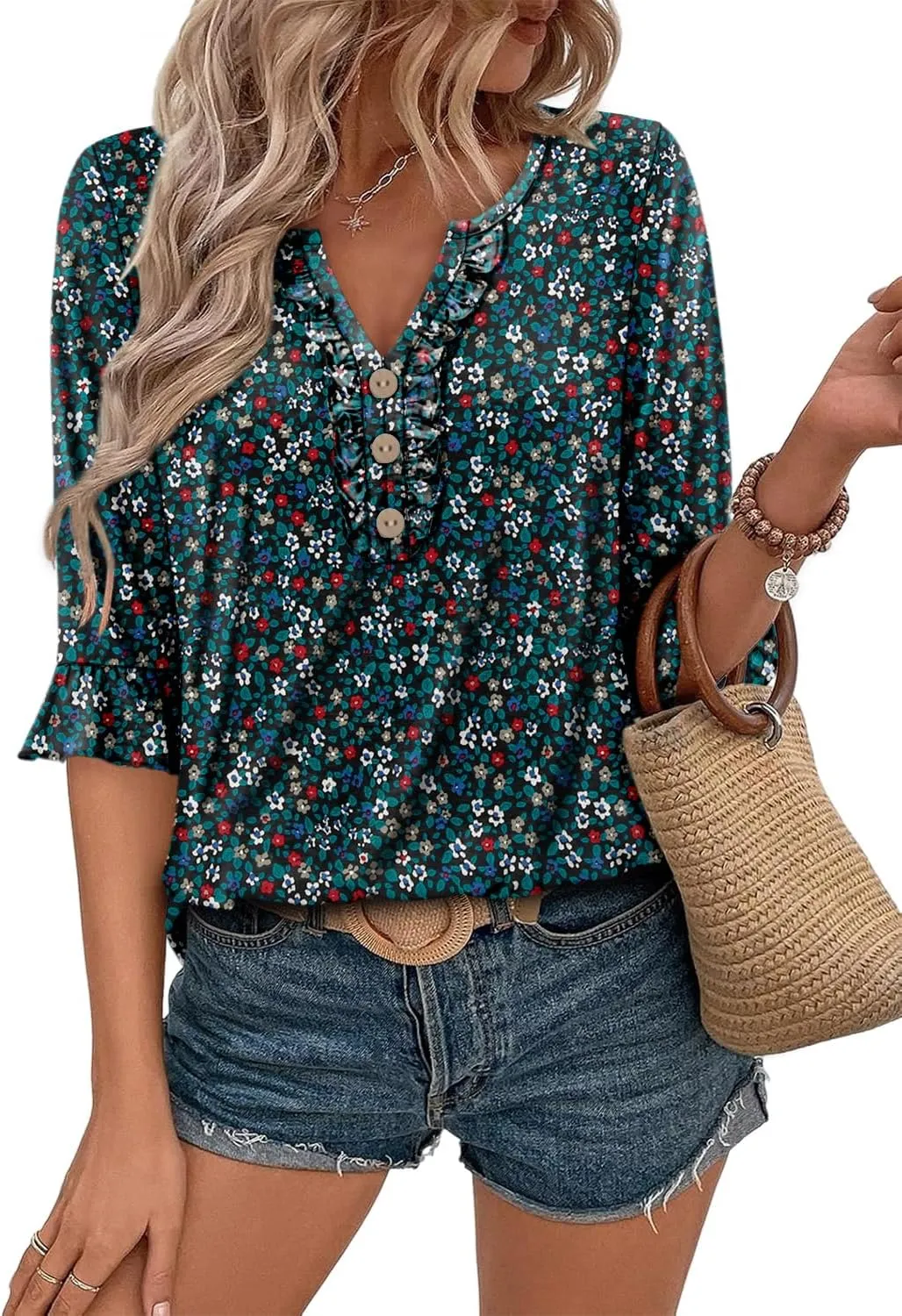 BETTE BOUTIK Womens Summer Tops Small V Neck Pleated Tops Tunic Tops Shirts S-3XL