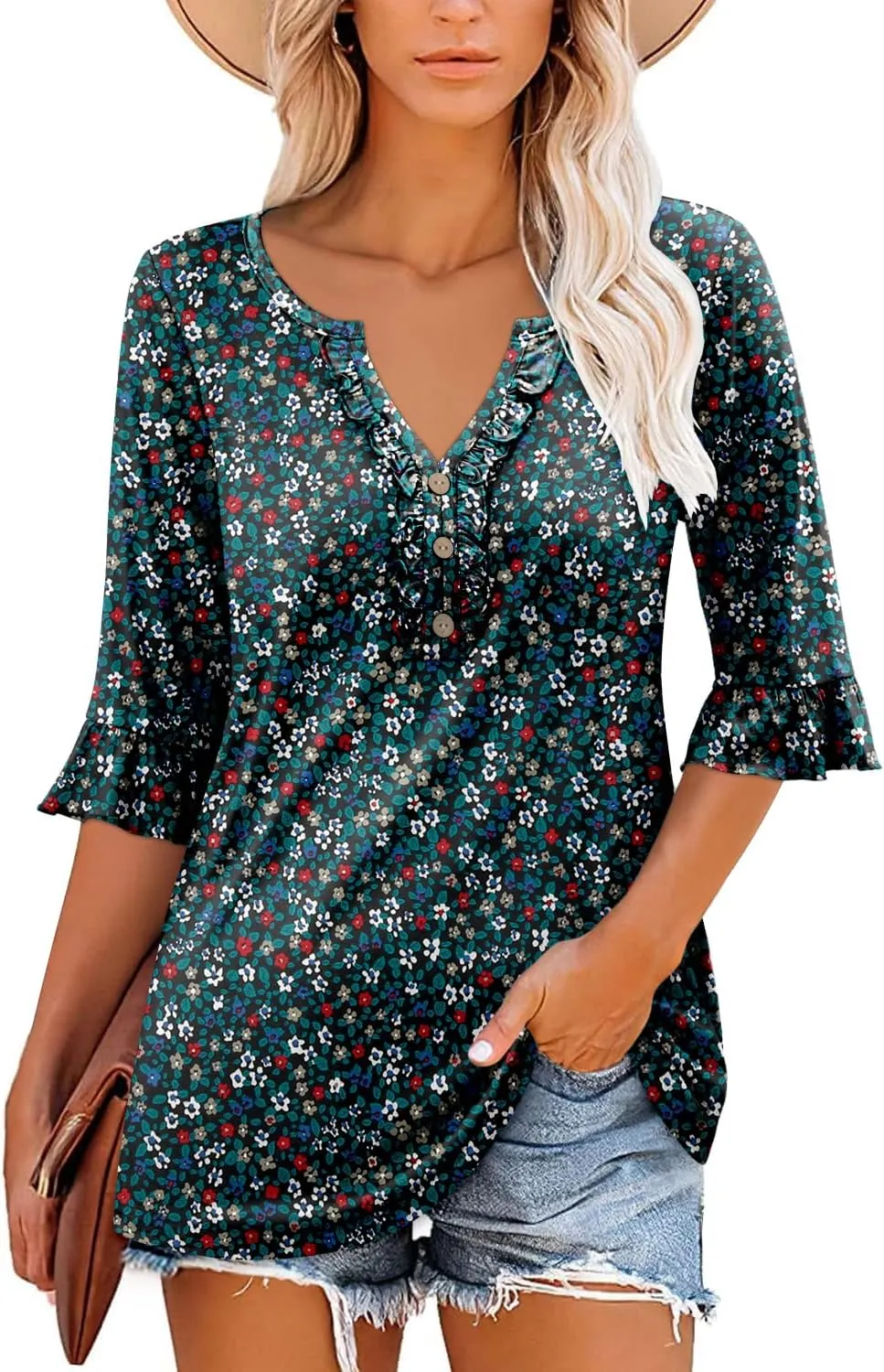 BETTE BOUTIK Womens Summer Tops Small V Neck Pleated Tops Tunic Tops Shirts S-3XL