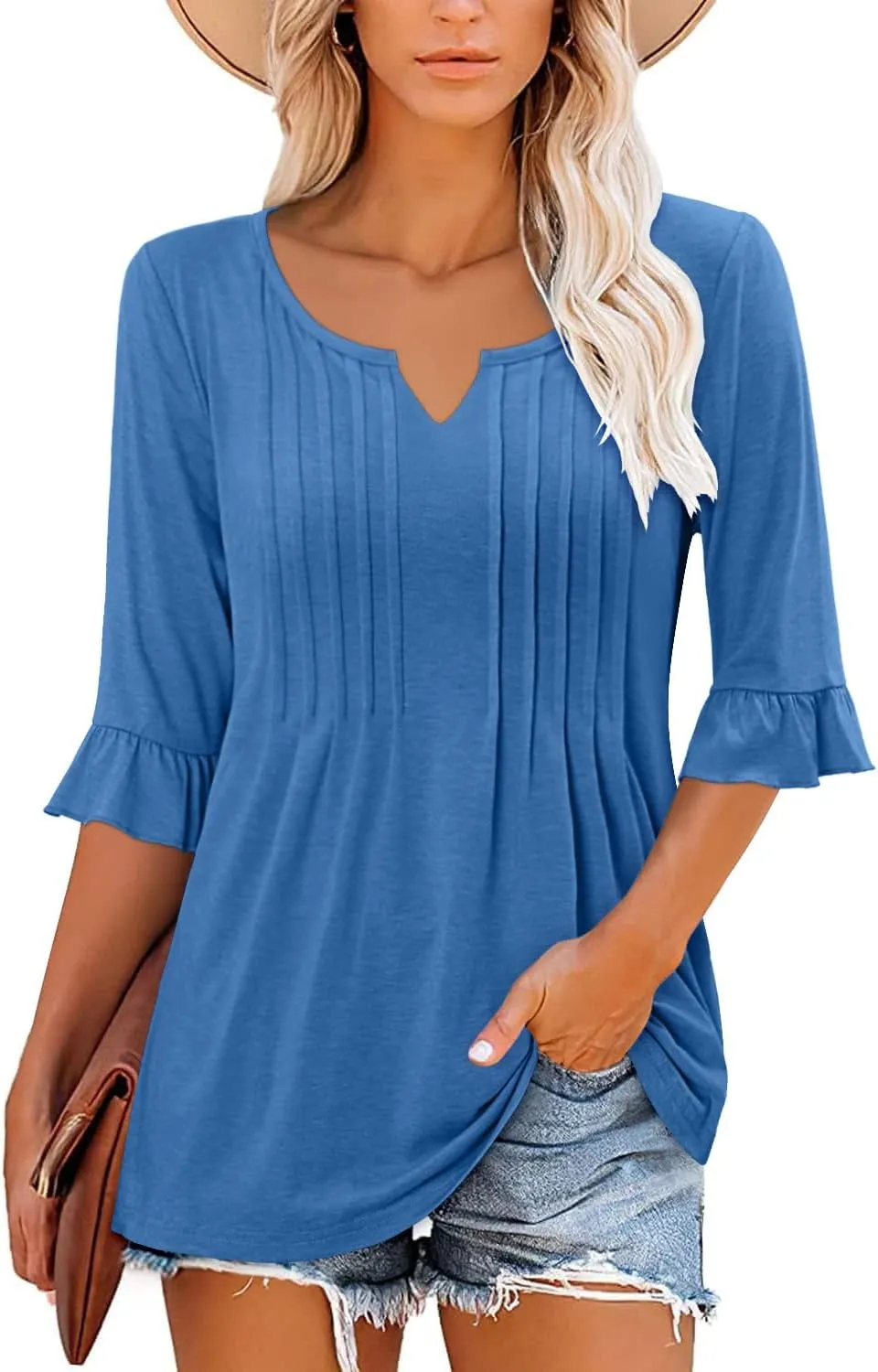 BETTE BOUTIK Womens Summer Tops Small V Neck Pleated Tops Tunic Tops Shirts S-3XL