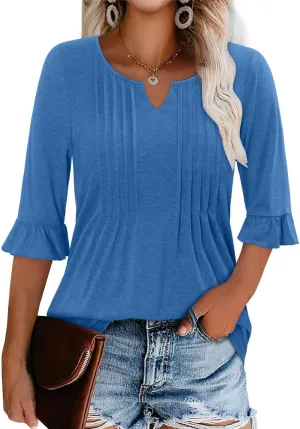 BETTE BOUTIK Womens Summer Tops Small V Neck Pleated Tops Tunic Tops Shirts S-3XL