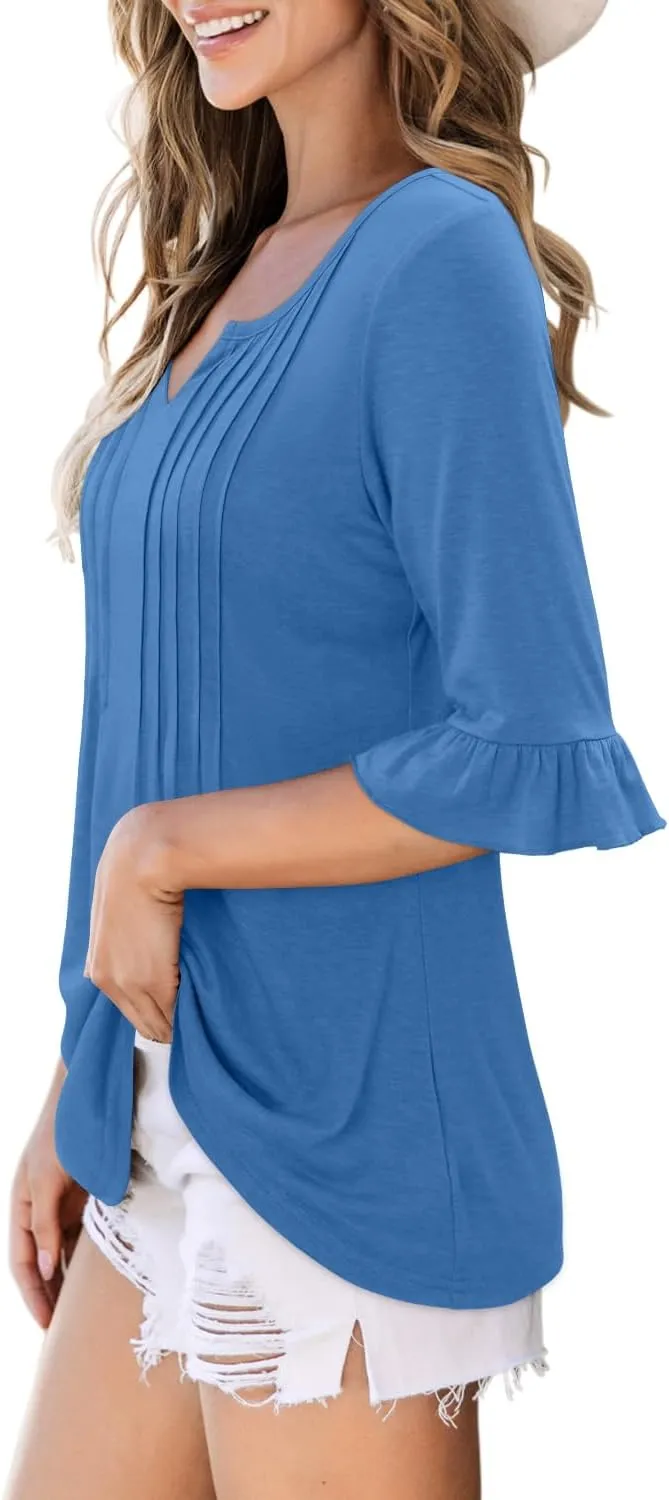 BETTE BOUTIK Womens Summer Tops Small V Neck Pleated Tops Tunic Tops Shirts S-3XL