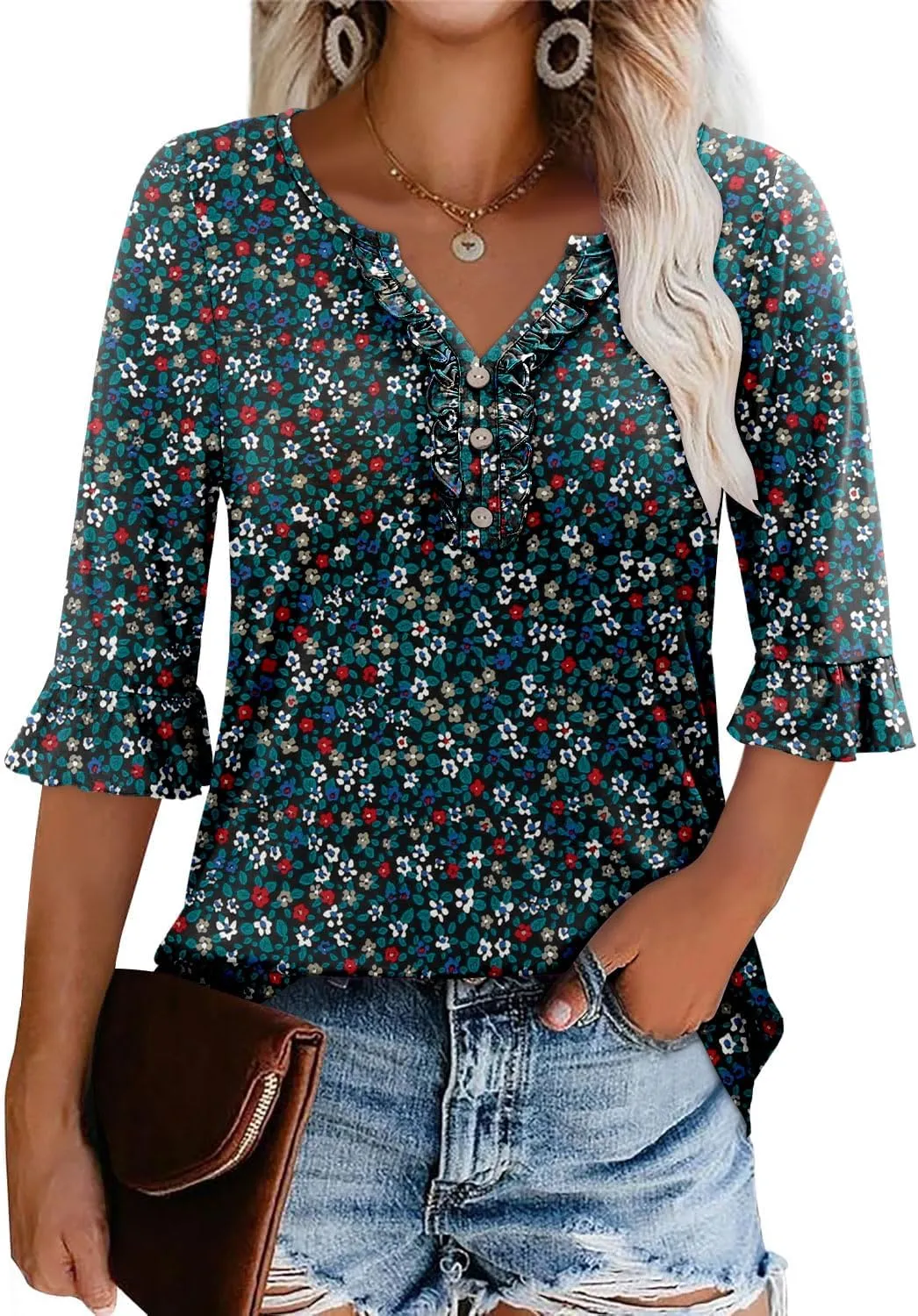 BETTE BOUTIK Womens Summer Tops Small V Neck Pleated Tops Tunic Tops Shirts S-3XL