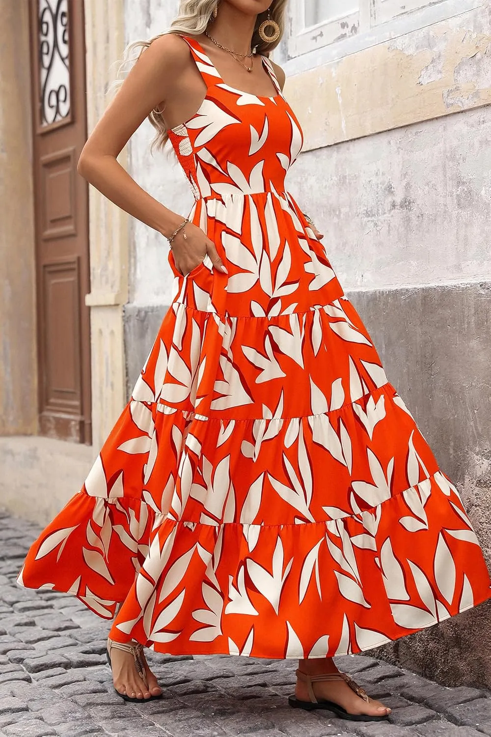 Boho Dresses for Women 2025 Summer Sleeveless Square Neck Midi Floral Long Dress Elegant Beach Vacation Dresses