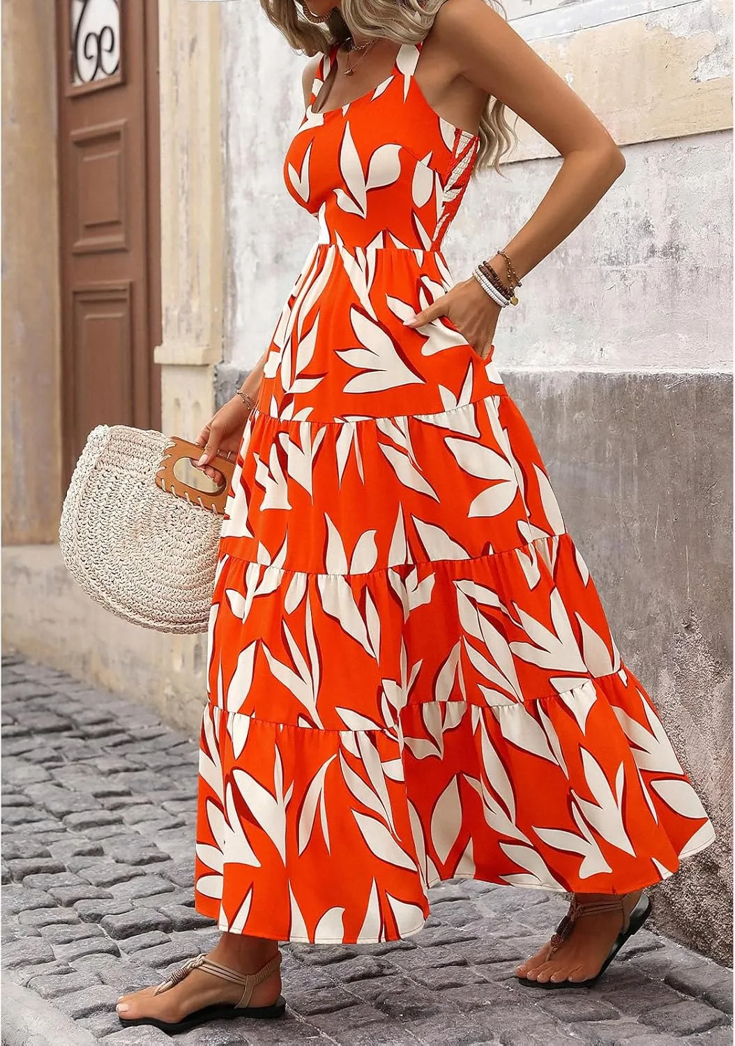 Boho Dresses for Women 2025 Summer Sleeveless Square Neck Midi Floral Long Dress Elegant Beach Vacation Dresses