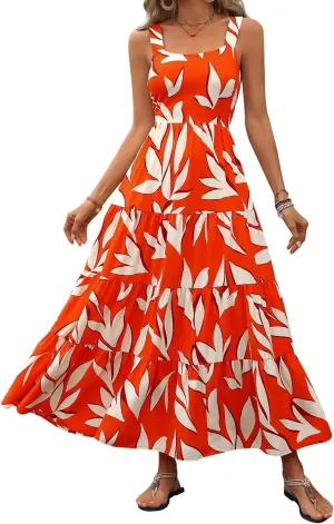 Boho Dresses for Women 2025 Summer Sleeveless Square Neck Midi Floral Long Dress Elegant Beach Vacation Dresses