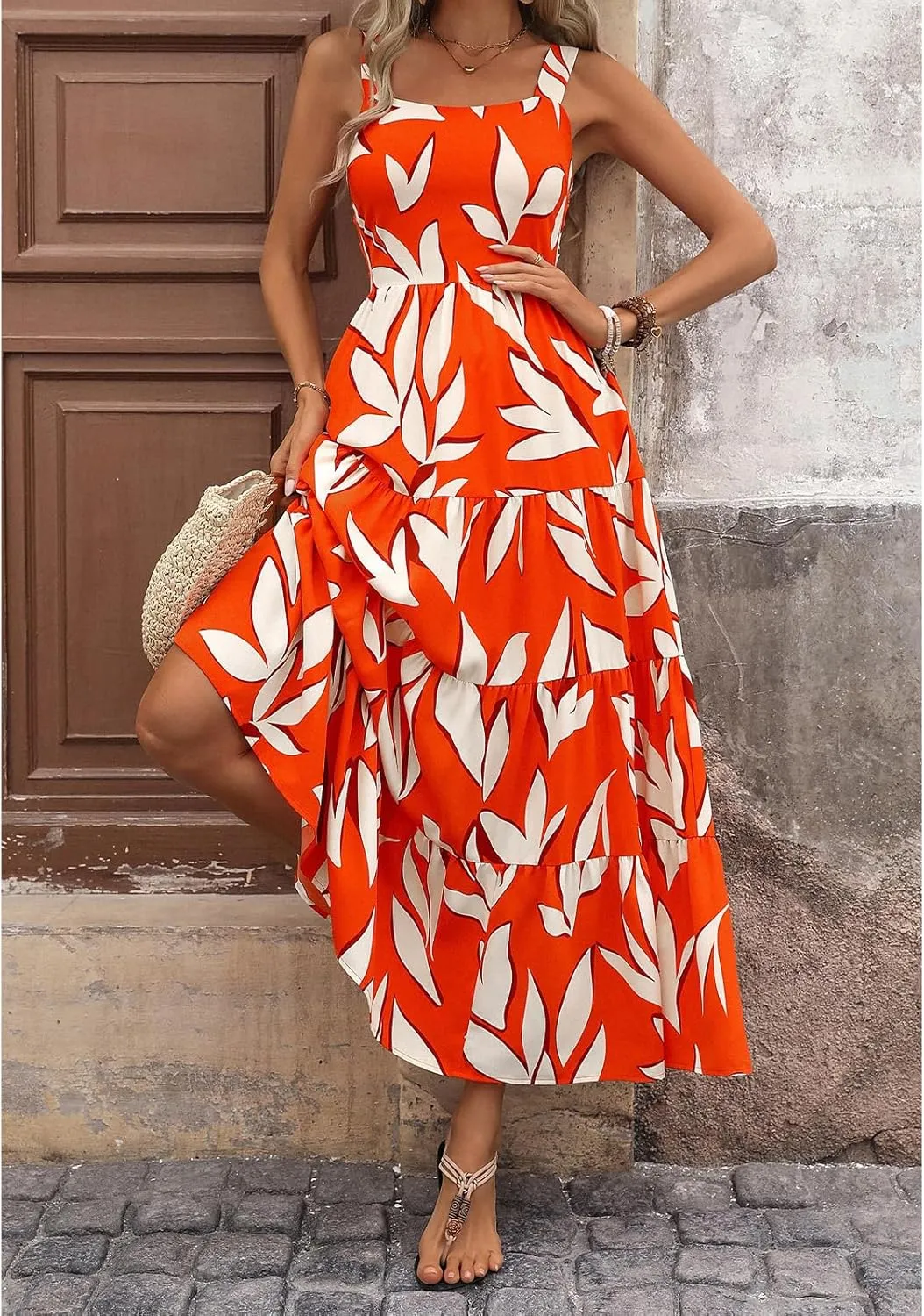 Boho Dresses for Women 2025 Summer Sleeveless Square Neck Midi Floral Long Dress Elegant Beach Vacation Dresses