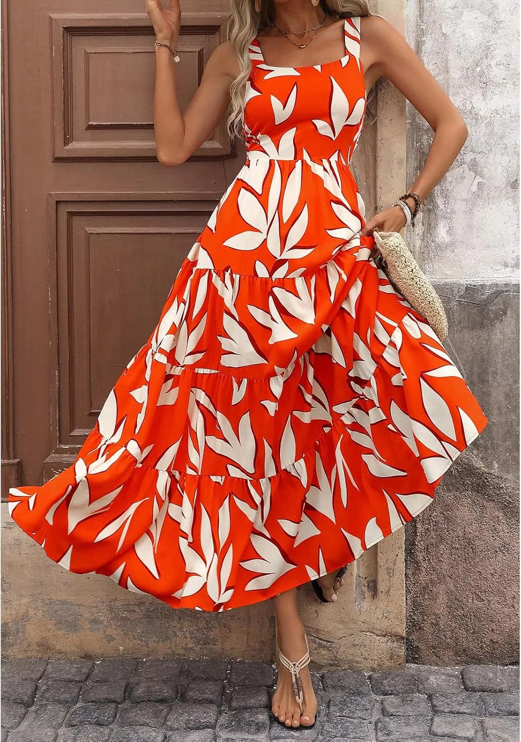 Boho Dresses for Women 2025 Summer Sleeveless Square Neck Midi Floral Long Dress Elegant Beach Vacation Dresses