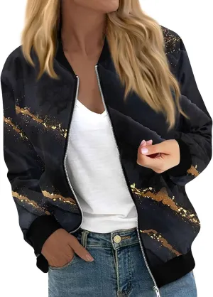Bomber Jacket Women 2024 Causal Print Zip Up Coats Long Sleeve Stand Collar Fall Lightweight Outerwear With Pockets