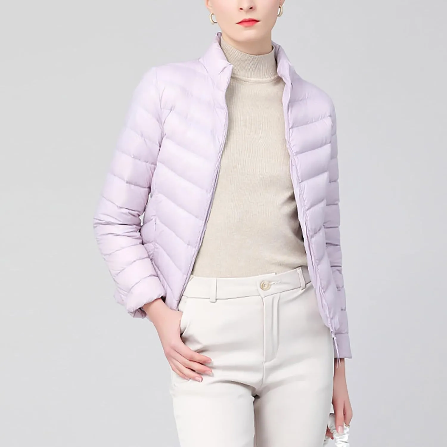 Borniu Women's Lightweight Puffer Jacket Stand Collar Zip Up Quilted Winter Coat Casual Slim Fit Warm Down Jackets