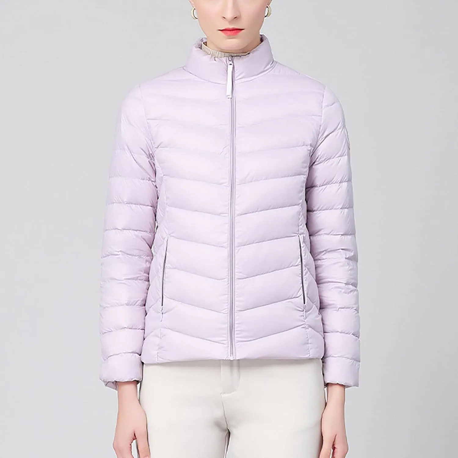 Borniu Women's Lightweight Puffer Jacket Stand Collar Zip Up Quilted Winter Coat Casual Slim Fit Warm Down Jackets