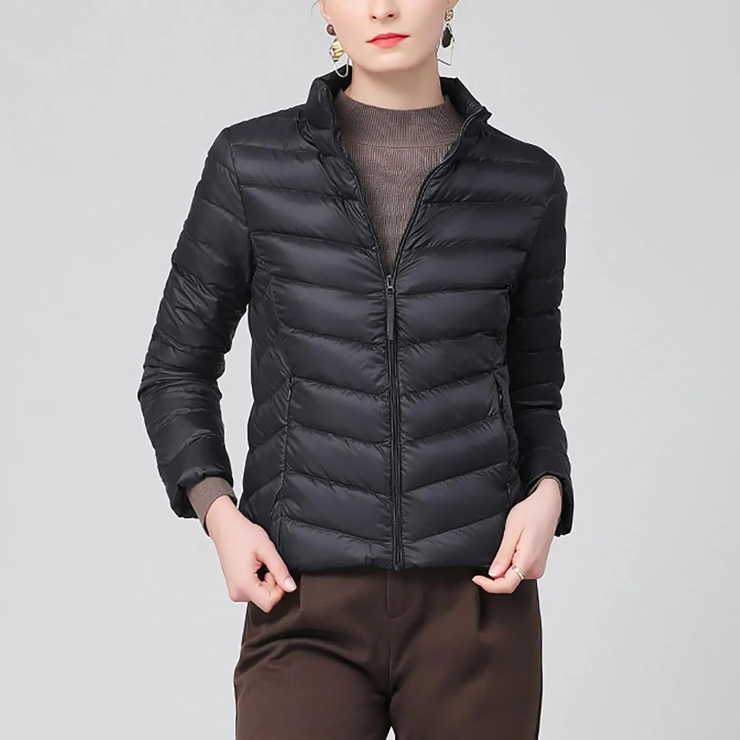 Borniu Women's Lightweight Puffer Jacket Stand Collar Zip Up Quilted Winter Coat Casual Slim Fit Warm Down Jackets