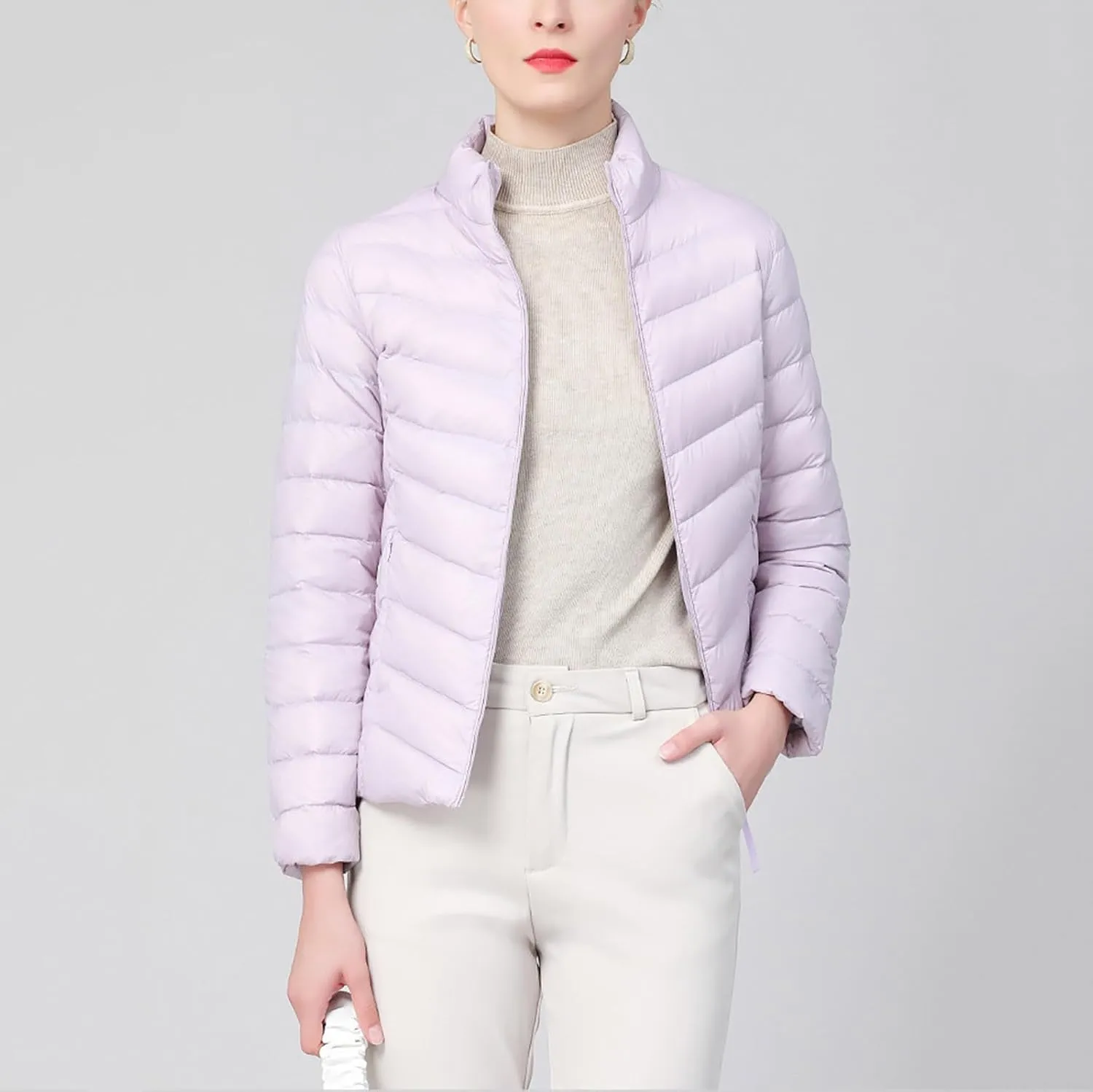 Borniu Women's Lightweight Puffer Jacket Stand Collar Zip Up Quilted Winter Coat Casual Slim Fit Warm Down Jackets