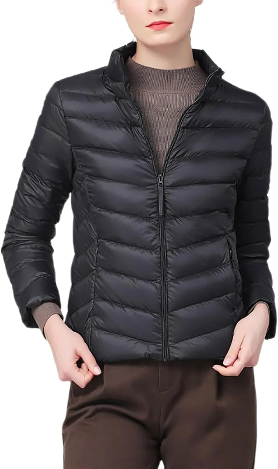 Borniu Women's Lightweight Puffer Jacket Stand Collar Zip Up Quilted Winter Coat Casual Slim Fit Warm Down Jackets