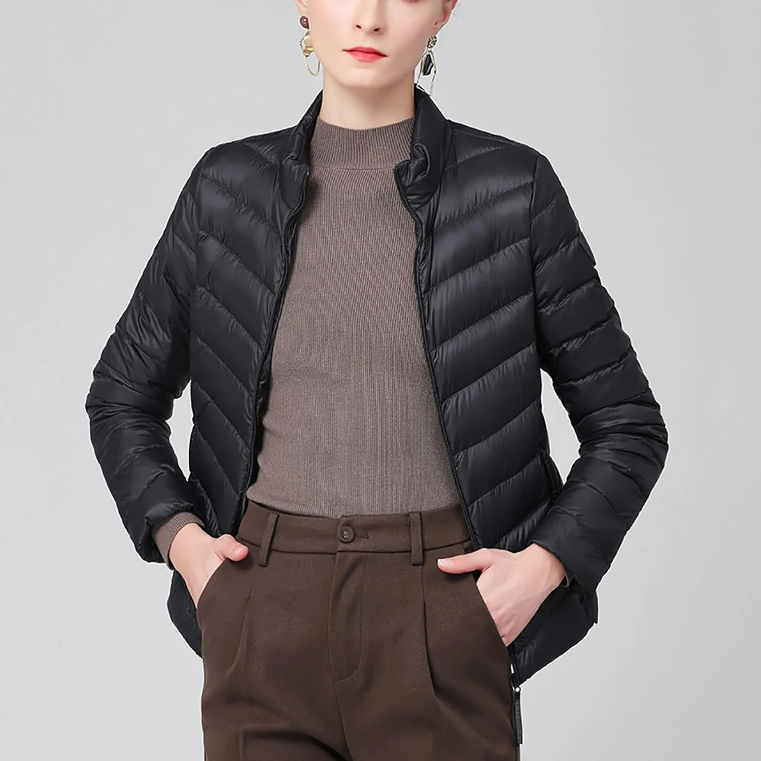 Borniu Women's Lightweight Puffer Jacket Stand Collar Zip Up Quilted Winter Coat Casual Slim Fit Warm Down Jackets