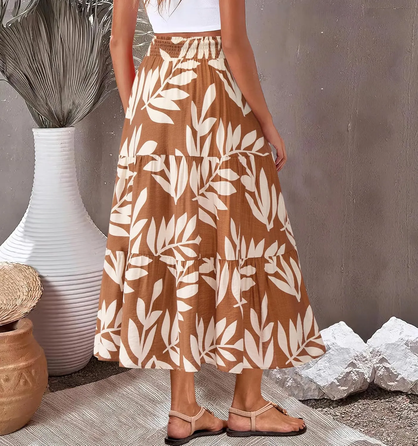 BTFBM Women's Floral Print Midi Maxi Skirts 2025 Summer Casual Aline Elastic High Waist Pleated Flowy Long Skirt Pockets