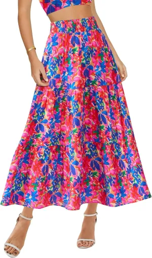BTFBM Women's Floral Print Midi Maxi Skirts 2025 Summer Casual Aline Elastic High Waist Pleated Flowy Long Skirt Pockets