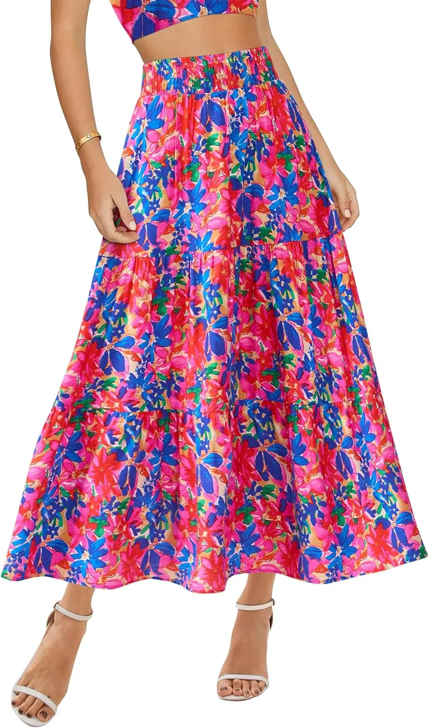 BTFBM Women's Floral Print Midi Maxi Skirts 2025 Summer Casual Aline Elastic High Waist Pleated Flowy Long Skirt Pockets