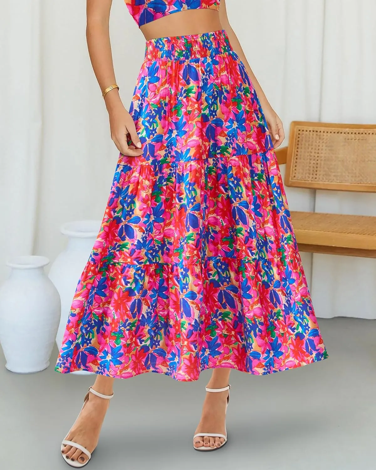 BTFBM Women's Floral Print Midi Maxi Skirts 2025 Summer Casual Aline Elastic High Waist Pleated Flowy Long Skirt Pockets