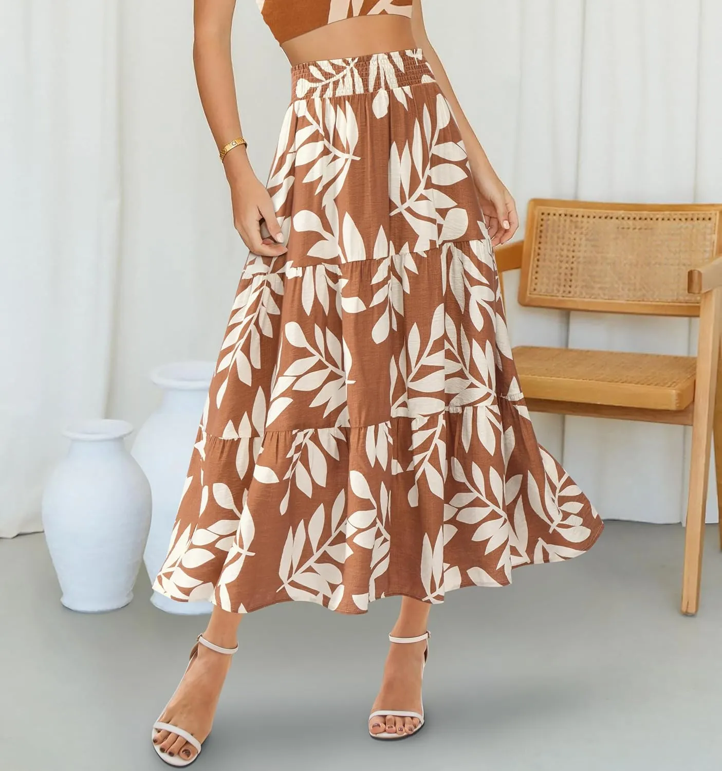 BTFBM Women's Floral Print Midi Maxi Skirts 2025 Summer Casual Aline Elastic High Waist Pleated Flowy Long Skirt Pockets