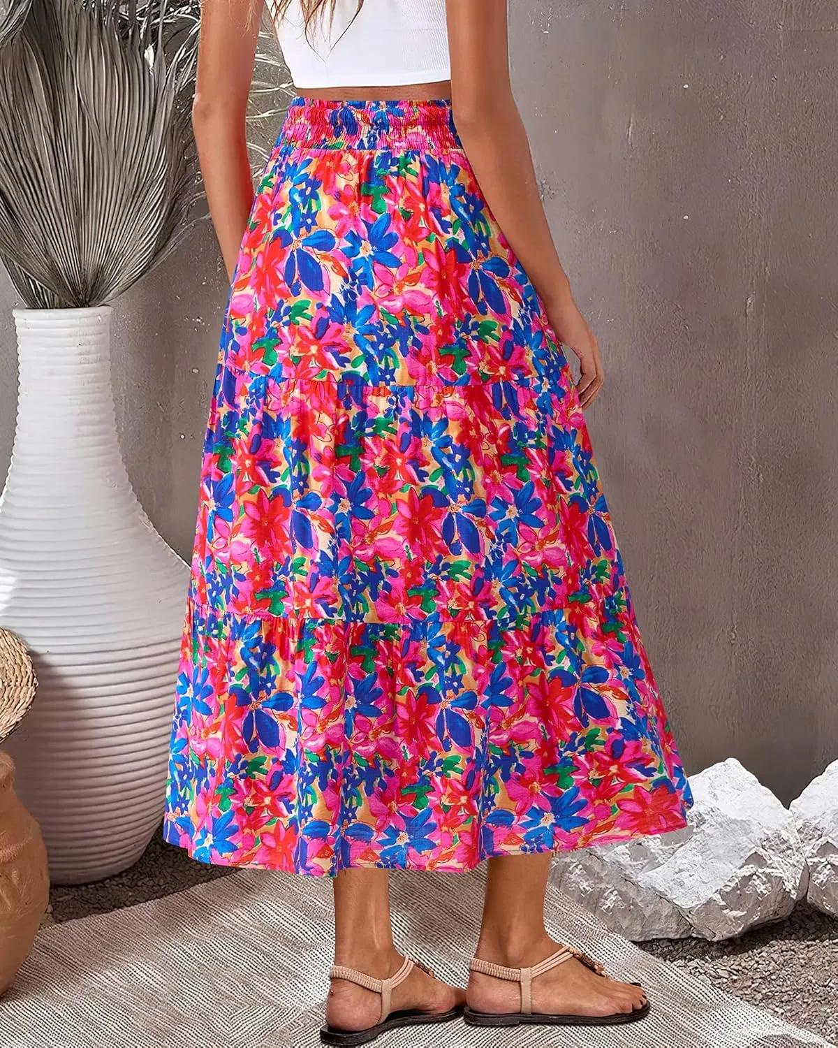 BTFBM Women's Floral Print Midi Maxi Skirts 2025 Summer Casual Aline Elastic High Waist Pleated Flowy Long Skirt Pockets