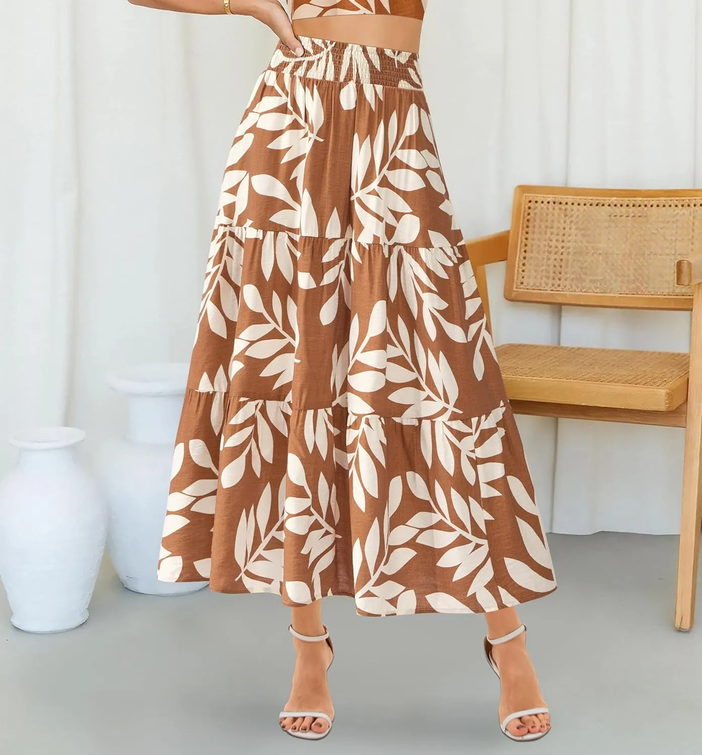 BTFBM Women's Floral Print Midi Maxi Skirts 2025 Summer Casual Aline Elastic High Waist Pleated Flowy Long Skirt Pockets