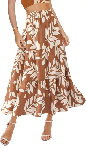 BTFBM Women's Floral Print Midi Maxi Skirts 2025 Summer Casual Aline Elastic High Waist Pleated Flowy Long Skirt Pockets
