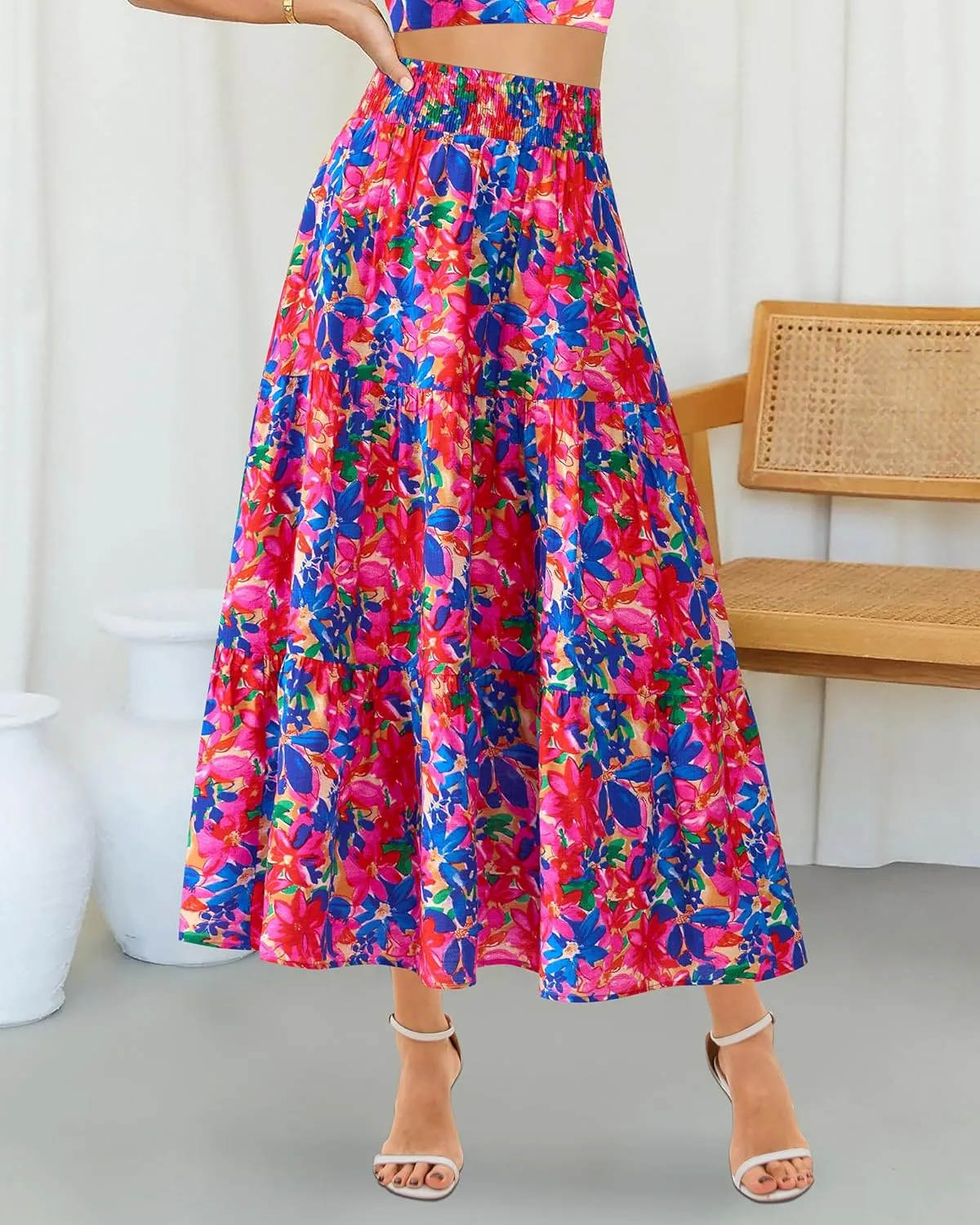 BTFBM Women's Floral Print Midi Maxi Skirts 2025 Summer Casual Aline Elastic High Waist Pleated Flowy Long Skirt Pockets
