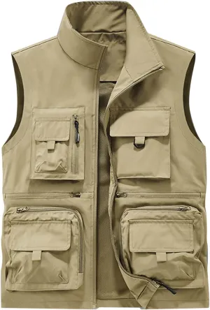 Cambkatl Men's Lightweight Utility Fishing Vest Outdoor Work Safari Travel Photo Casual Sleeveless Cargo Jacket Multi Pockets