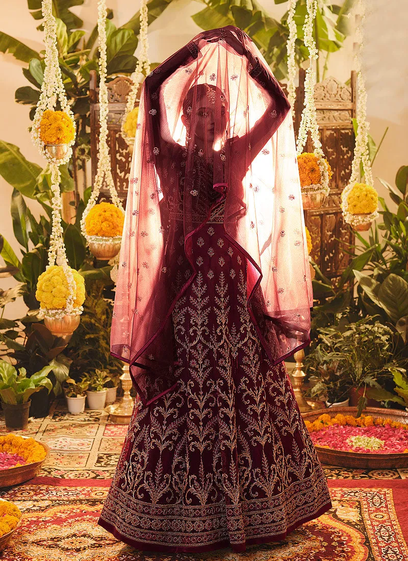 Deep Maroon Embroidered Wedding Anarkali Suit
