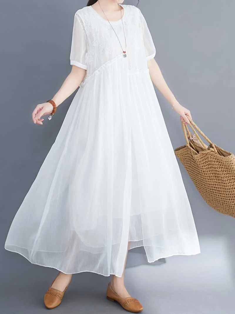 Embroidered Silk Round-Neck A-Line Dress
