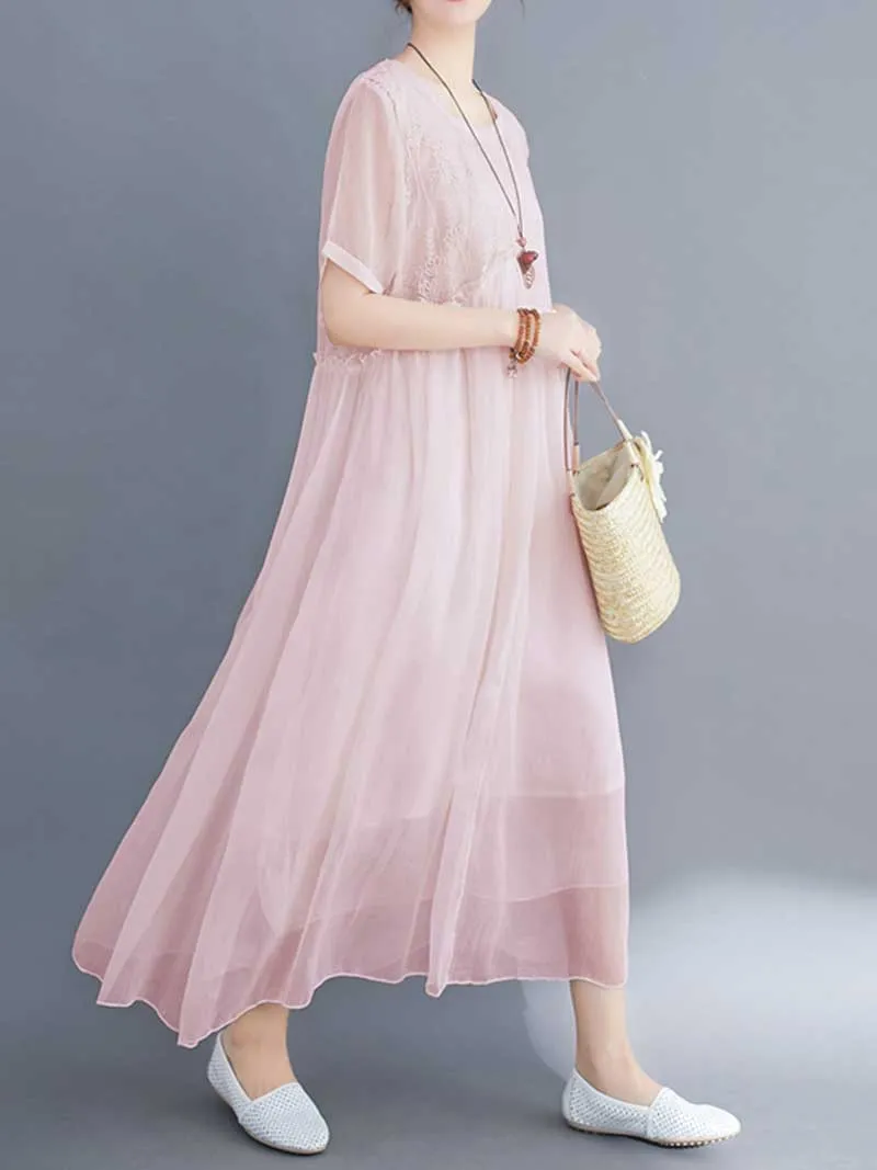 Embroidered Silk Round-Neck A-Line Dress