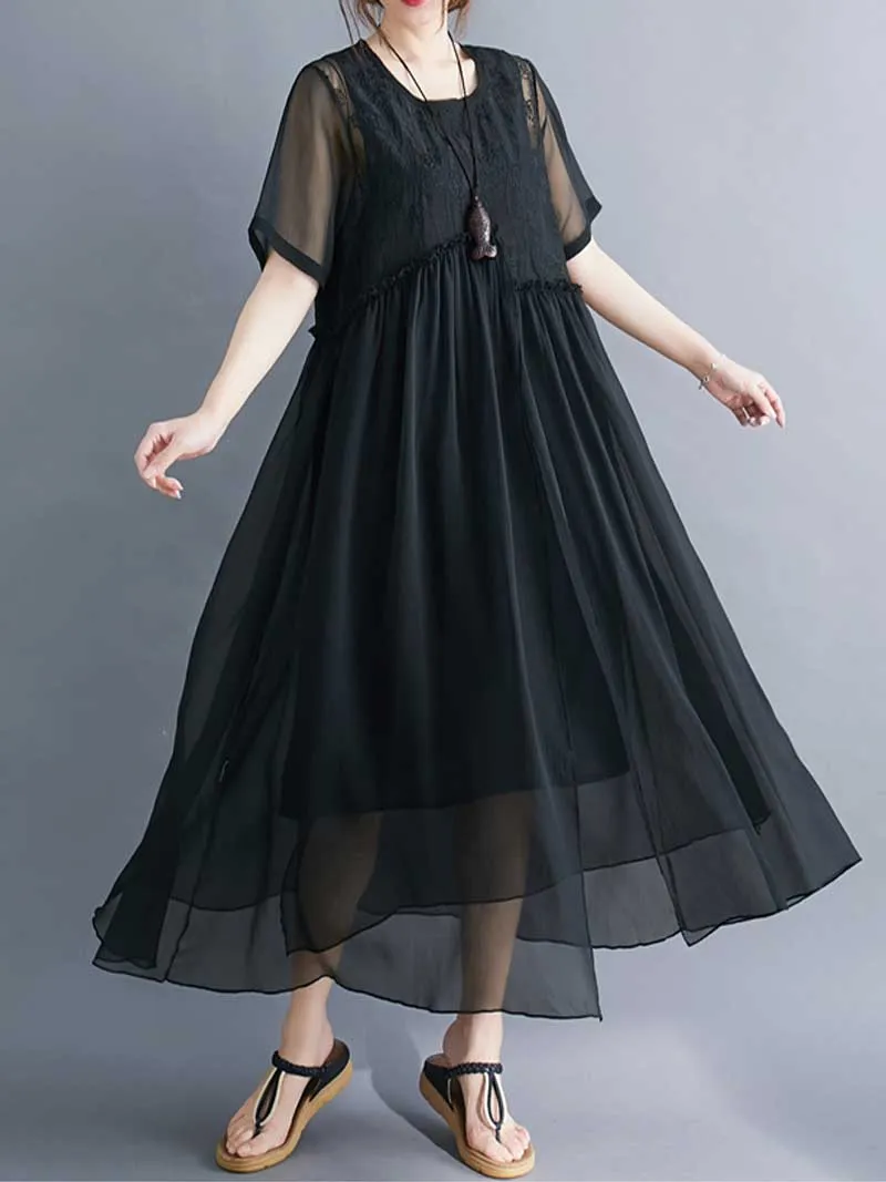 Embroidered Silk Round-Neck A-Line Dress