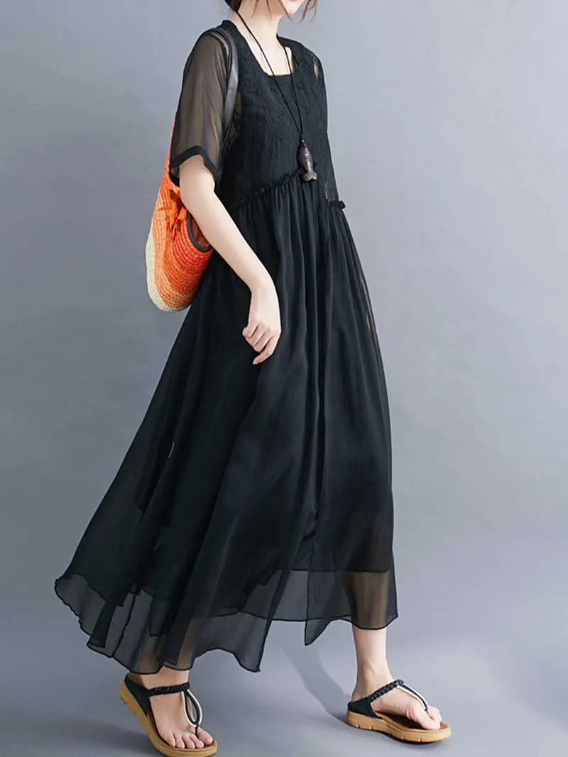 Embroidered Silk Round-Neck A-Line Dress