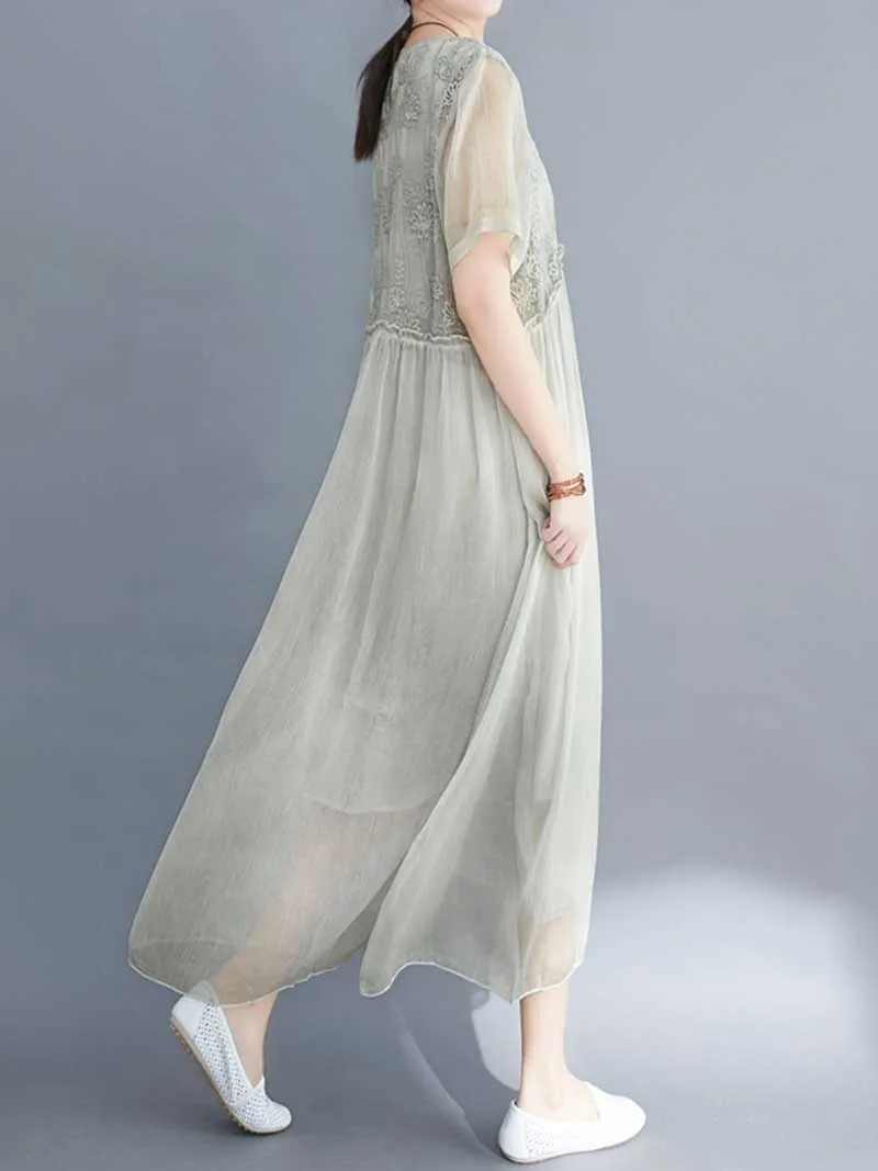 Embroidered Silk Round-Neck A-Line Dress