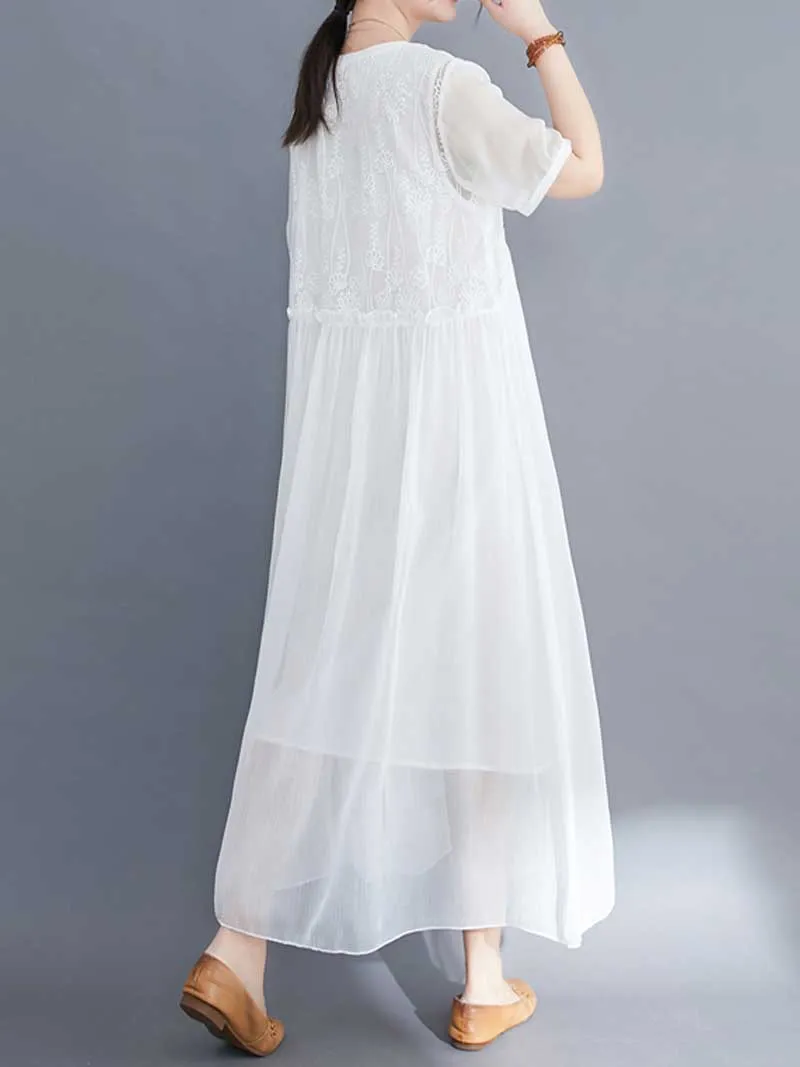 Embroidered Silk Round-Neck A-Line Dress