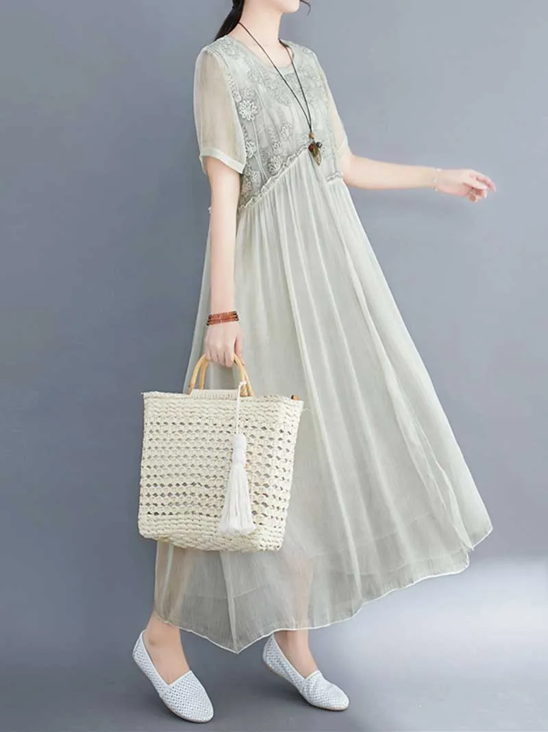 Embroidered Silk Round-Neck A-Line Dress