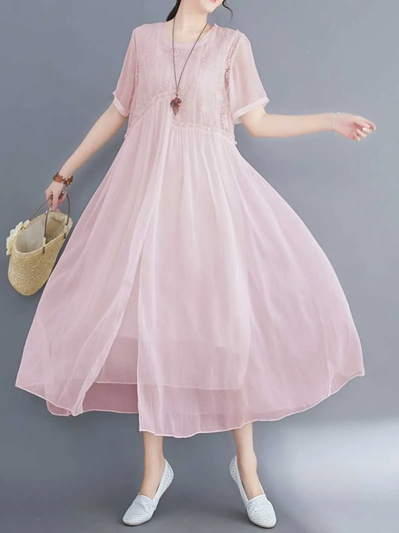 Embroidered Silk Round-Neck A-Line Dress